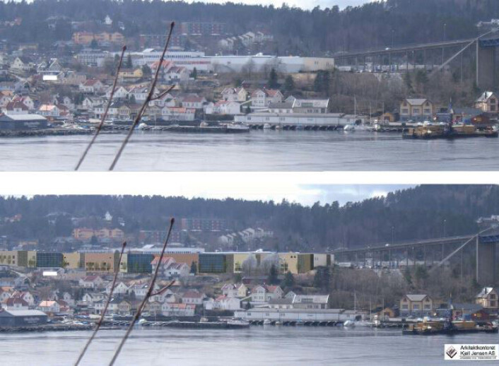 Illustrasjon: Arkitektkontoret Kjetil Jensen AS sin visualisering av Brotorvet kjøpesenter. Øverste halvdel viser området før utbygging, mens nederste halvdel viser visualiseringen av det planlagte kjøpesenteret. Foto: Arkitektkontoret Kjetil Jensen aS Illustrasjon: Arkitektkontoret Kjetil Jensen AS sin visualisering av Brotorvet kjøpesenter. Øverste halvdel viser området før utbygging, mens nederste halvdel viser visualiseringen av det planlagte kjøpesenteret. Foto: Arkitektkontoret Kjetil Jensen aS