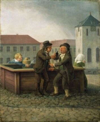 Kusker ved brønnen på Stortorvet. Kunstner: Flintoe, Johannes Oslo museum ( JWC.101) Kusker ved brønnen på Stortorvet. Kunstner: Flintoe, Johannes Oslo museum ( JWC.101)