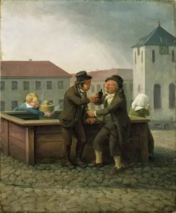 Kusker ved brønnen på Stortorvet. Kunstner: Flintoe, Johannes Oslo museum ( JWC.101)