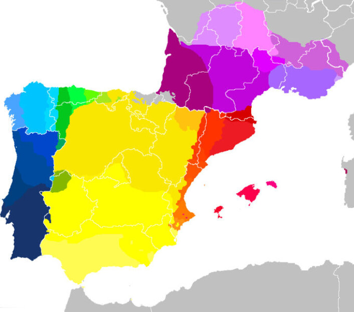 Språk- og dialektgrenser på den iberiske halvøya og i Sør-Frankrike. Kilde: Wikimedia Commons Språk- og dialektgrenser på den iberiske halvøya og i Sør-Frankrike. Kilde: Wikimedia Commons