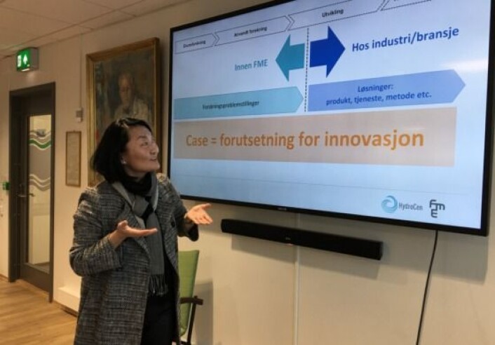 Hege Brende, leder av FME HydroCen, forteller om deres innovasjonsforum, og hvordan industricase er sentralt i deres arbeid med innovasjon. Foto: Hege Tunstad/NTNU Energi Hege Brende, leder av FME HydroCen, forteller om deres innovasjonsforum, og hvordan industricase er sentralt i deres arbeid med innovasjon. Foto: Hege Tunstad/NTNU Energi