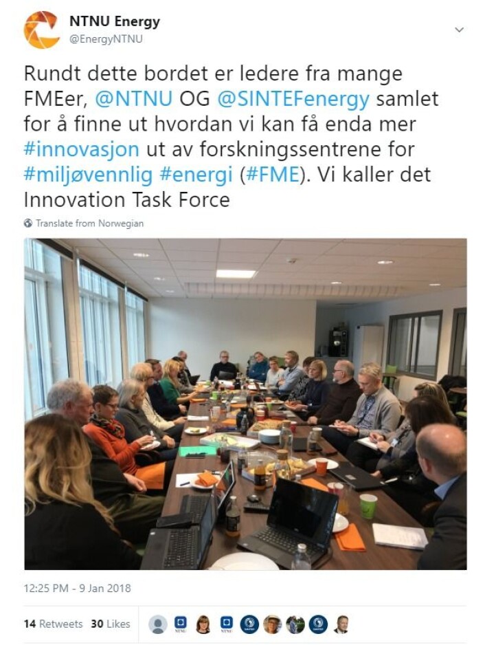 Vi deler gjerne det arbeidet vi gjør på innovasjon i FMEene Bilde: NTNU Energi screengrab fra Twitter Vi deler gjerne det arbeidet vi gjør på innovasjon i FMEene Bilde: NTNU Energi screengrab fra Twitter