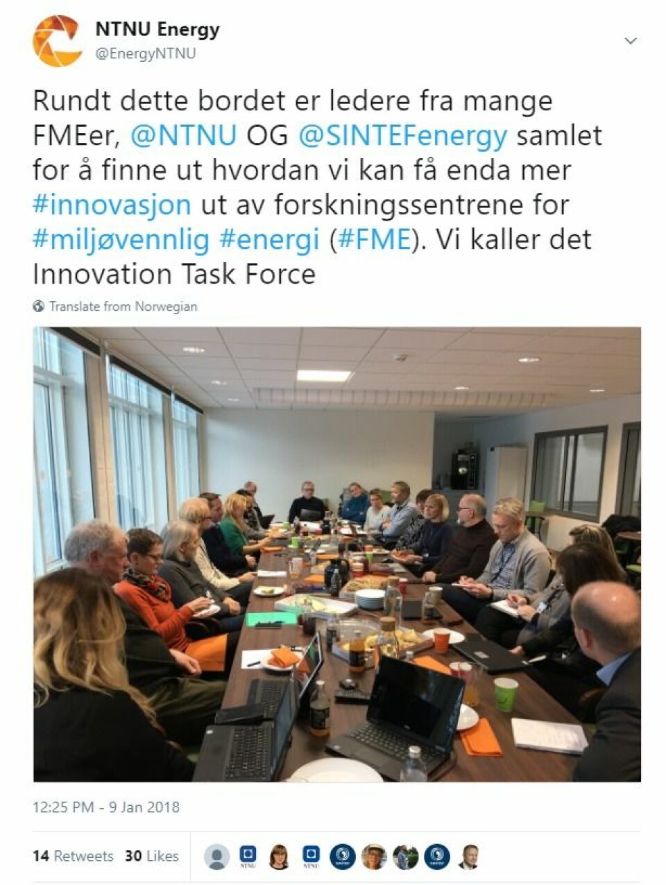 Vi deler gjerne det arbeidet vi gjør på innovasjon i FMEene Bilde: NTNU Energi screengrab fra Twitter