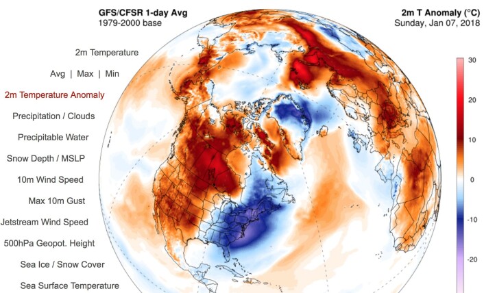7. januar i år var en varm dag for kloden, selv om det var kaldt i New England og Florida. (Bilde: Univ. Maine) 7. januar i år var en varm dag for kloden, selv om det var kaldt i New England og Florida. (Bilde: Univ. Maine)