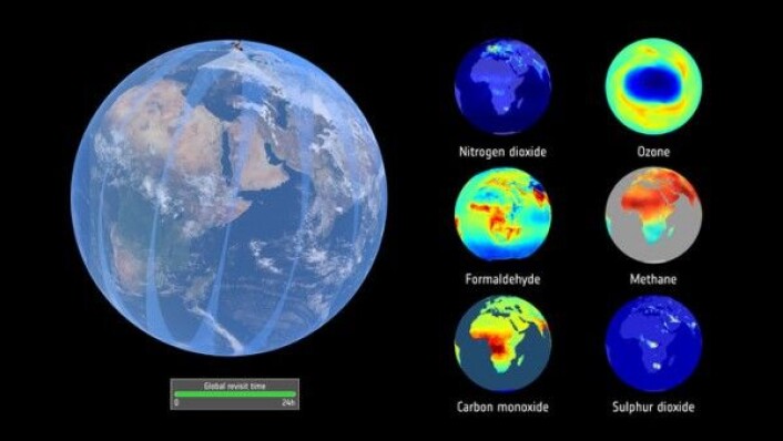Slik vil noen av dataene fra luftkvalitetssatellitten Sentinel-5P se ut. ESA/ATG medialab Slik vil noen av dataene fra luftkvalitetssatellitten Sentinel-5P se ut. ESA/ATG medialab
