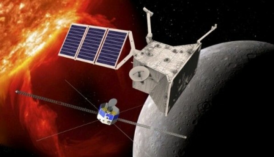 Europeiske Mercury Planet Orbiter (øverst) og japanske Mercury Magnetospheric Orbiter skytes opp sammen som BepiColombo til Merkur i 2018. ESA