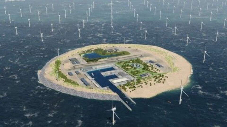 'One Power Link Island' kan håndtere opptil 30 GW med offshore vindparker, sier TenneT. Tanken bak øya er å lage et koblingspunkt for veldg mange vindturbiner. Grafikk: TenneT
