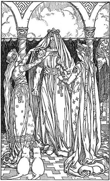 Tor utkledd som bruden Frøya, klar til giftemål med Trym med brudelin og nøkler i belte ("Ah, what an ugly maid it is"! ((Ah, for en stygg brud) fra boken "In the Days of Giants: A Book of Norse Tales" av E. Boyd Smith (1902). Houghton, Mifflin & Co. / Wikimedia Commons). Tor utkledd som bruden Frøya, klar til giftemål med Trym med brudelin og nøkler i belte ("Ah, what an ugly maid it is"! ((Ah, for en stygg brud) fra boken "In the Days of Giants: A Book of Norse Tales" av E. Boyd Smith (1902). Houghton, Mifflin & Co. / Wikimedia Commons).