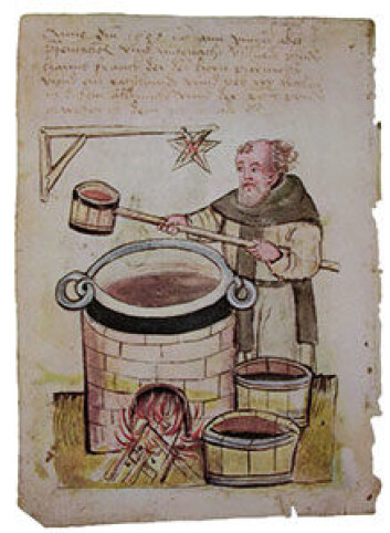 Ølbryggende middelaldermunk. (‘llustrasjon: By Unknown - Hausbuch der Mendelschen Zwölfbrüderstiftung. Band 1, Nuremberg 1426–1549. Stadtbibliothek Nürnberg, Amb. 317.2°.Scan via schlenkerla.de) Ølbryggende middelaldermunk. (‘llustrasjon: By Unknown - Hausbuch der Mendelschen Zwölfbrüderstiftung. Band 1, Nuremberg 1426–1549. Stadtbibliothek Nürnberg, Amb. 317.2°.Scan via schlenkerla.de)
