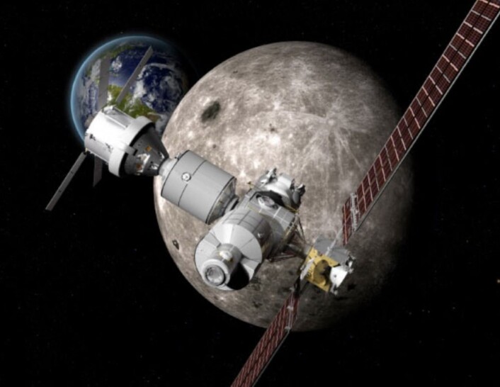 Deep Space Gateway, slik Boeing ser den. Med romfartøyet "Orion" tilkoblet. (Bilde: Boeing) Deep Space Gateway, slik Boeing ser den. Med romfartøyet "Orion" tilkoblet. (Bilde: Boeing)