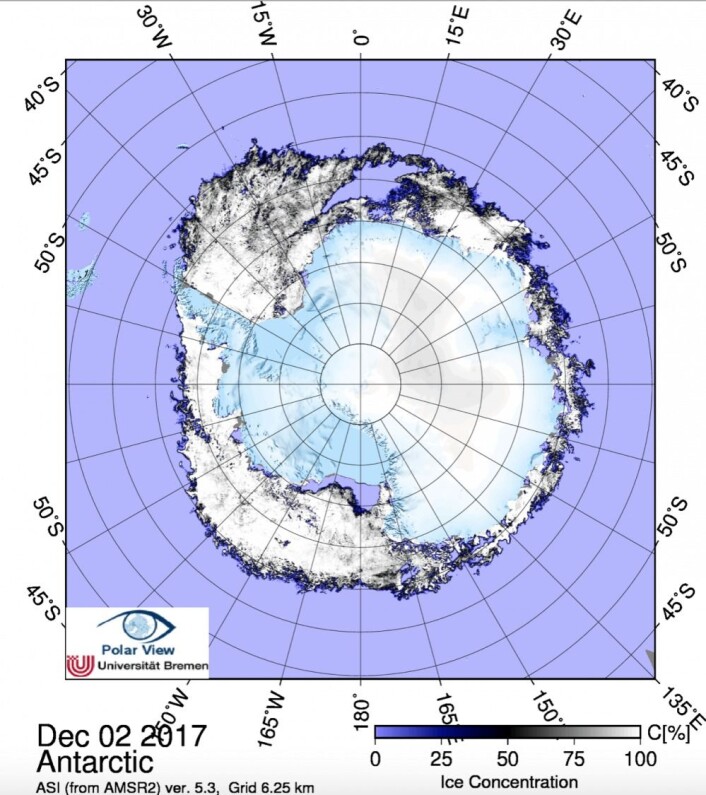 Sjøisen i Antarktis. (Bilde: JAXA-AMSR2/PolarView Univ Bremen) Sjøisen i Antarktis. (Bilde: JAXA-AMSR2/PolarView Univ Bremen)