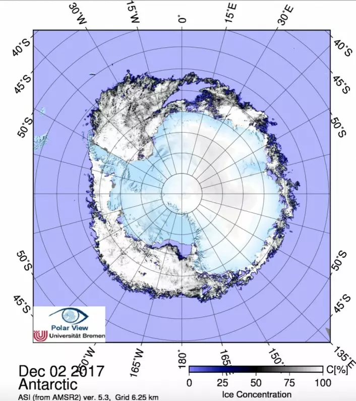 Sjøisen i Antarktis. (Bilde: JAXA-AMSR2/PolarView Univ Bremen)