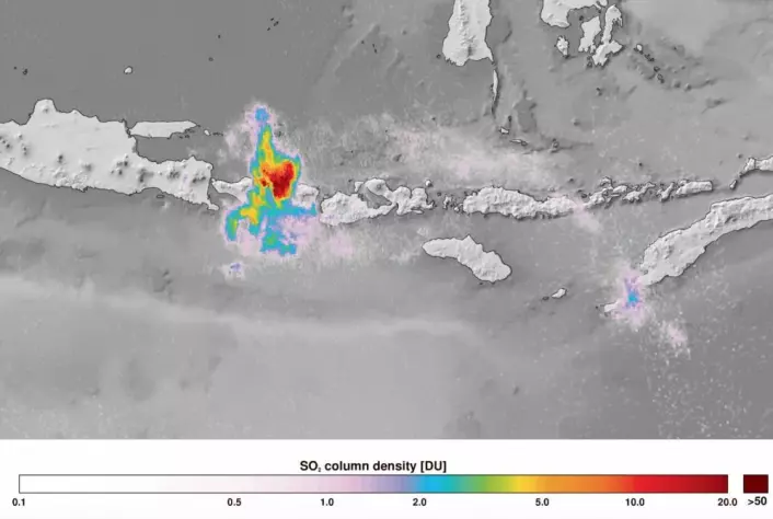 Flotte data fra Sentinel-5P. Her er SO2-utslipp fra vulkanen Agung på Bali. (Bilde: ESA/DLR)