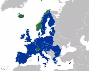 EØS/EFTA-landene i grønt, EU-medlemmer i blått. (Foto: Wikipedia)