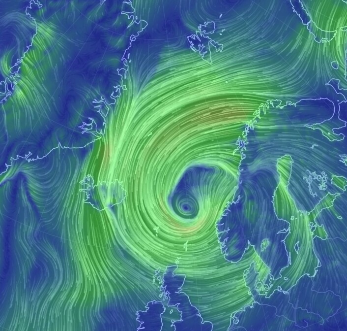 Ylvas vindfelt natt til fredag. (Bilde: EarthWindMap) Ylvas vindfelt natt til fredag. (Bilde: EarthWindMap)