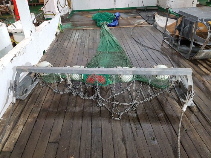 Bilde er av bomtrålen som ble brukt under toktet. Trålen er to meter bred, og vi ser kjettingene som roter opp toppen av bunnsedimentene og som river løs fastsittendedyr dyr. Bilde er av bomtrålen som ble brukt under toktet. Trålen er to meter bred, og vi ser kjettingene som roter opp toppen av bunnsedimentene og som river løs fastsittendedyr dyr.