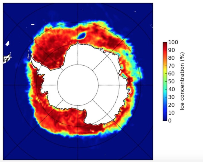 Grovkornet sjøiskart fra Antarktis 9 november. (Bilde: EUMETSAT osisaf.met.no) Grovkornet sjøiskart fra Antarktis 9 november. (Bilde: EUMETSAT osisaf.met.no)