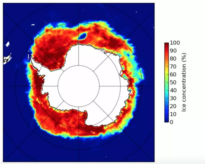 Grovkornet sjøiskart fra Antarktis 9 november. (Bilde: EUMETSAT osisaf.met.no)