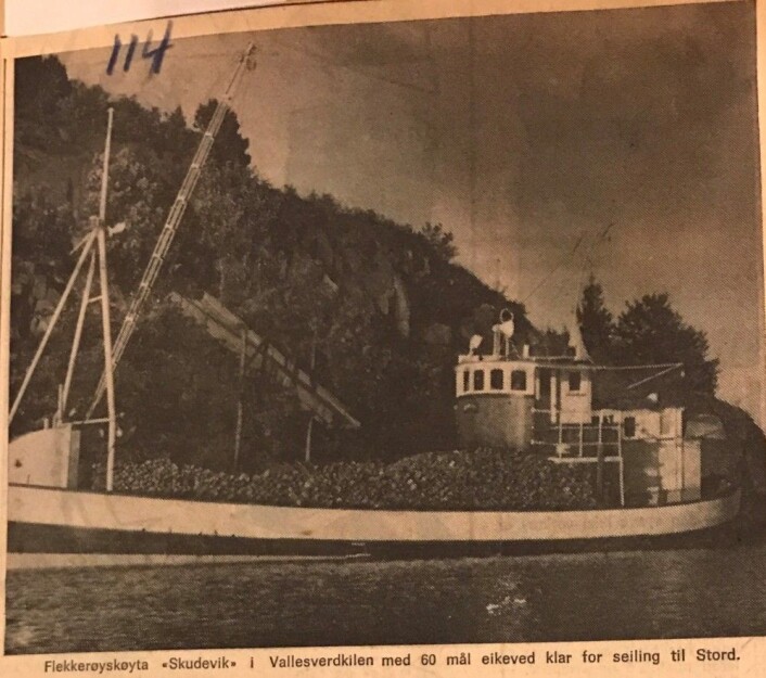"Skudevik" med 60 favner eikeved til fabrikker på Stord. Bildet er en faksimile fra Fædrelandsvennen 03.07.1965 Fædrelandsvennen "Skudevik" med 60 favner eikeved til fabrikker på Stord. Bildet er en faksimile fra Fædrelandsvennen 03.07.1965 Fædrelandsvennen