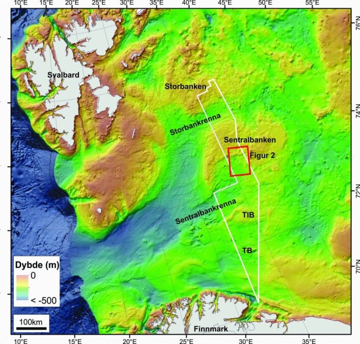 Figur 1. Dybdekart over Barentshavet (fra IBCAO) og MAREANOs dybdedata (hvit avgrensing). Rød firkant viser området i Figur 2. Kart: MAREANO Figur 1. Dybdekart over Barentshavet (fra IBCAO) og MAREANOs dybdedata (hvit avgrensing). Rød firkant viser området i Figur 2. Kart: MAREANO