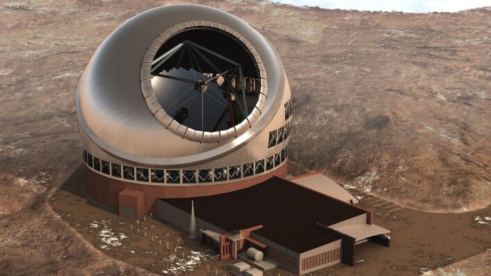 Datagrafikk viser hvordan Thirty Meter Telescope vil se ut når det er ferdig bygget. (Illustrasjon: Courtesy TMT Observatory Corporation) Datagrafikk viser hvordan Thirty Meter Telescope vil se ut når det er ferdig bygget. (Illustrasjon: Courtesy TMT Observatory Corporation)