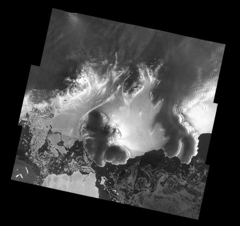 Isbremmen Dotson (midt på bildet) i Vest-Antarktis, sett av radarsatelittparet Sentinel-1. Norske etater bruker Sentinel-1 til å se blant annet havis og skip. Copernicus Sentinel data (2017), processed by A. Hogg/CPOM