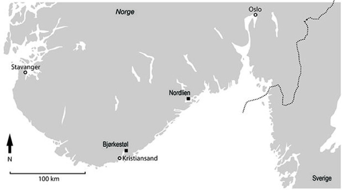 Kart med markering av de to funnstedene Bjørkestøl og Nordlien. (Foto: Nielsen 2017) Kart med markering av de to funnstedene Bjørkestøl og Nordlien. (Foto: Nielsen 2017)