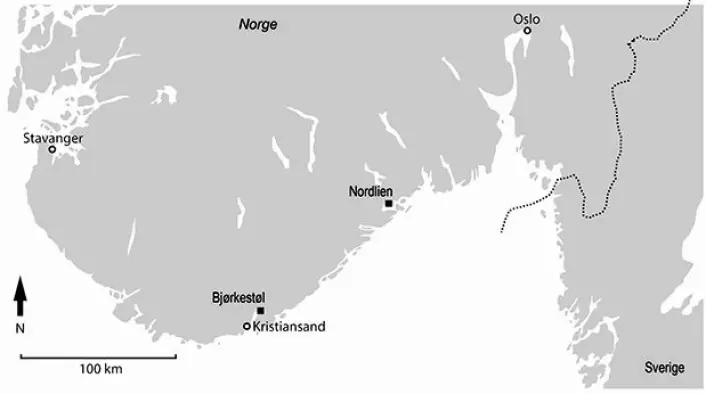 Kart med markering av de to funnstedene Bjørkestøl og Nordlien. (Foto: Nielsen 2017)