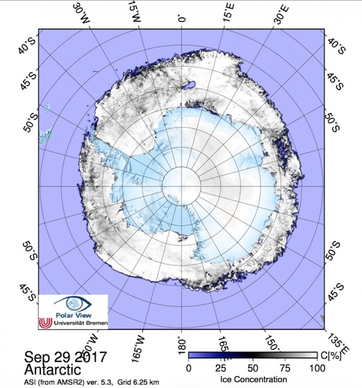 Sjøisen rundt Antarktis. (Bilde: AMSR2/PolarView/Univ. Bremen) Sjøisen rundt Antarktis. (Bilde: AMSR2/PolarView/Univ. Bremen)