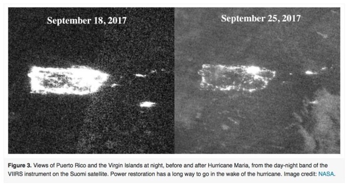En uke og en orkan kan gjøre stor forskjell når man observerer Jorda fra satellitt. Her er nattbilder av Puerto Rico 18. sept og 25. sept. (Bilde: NASA) En uke og en orkan kan gjøre stor forskjell når man observerer Jorda fra satellitt. Her er nattbilder av Puerto Rico 18. sept og 25. sept. (Bilde: NASA)
