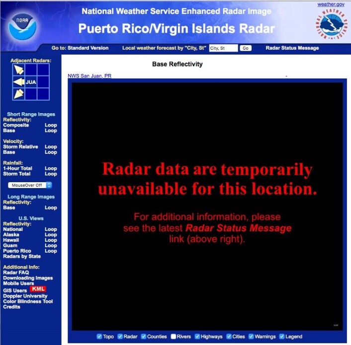 Vær-radaren på Puerto Rico spilte en viktig rolle i varslingen det siste døgnet før orkanen traff land - men til slutt måtte teknologien gi tapt for naturkreftene. (Bilde: NOAA) Vær-radaren på Puerto Rico spilte en viktig rolle i varslingen det siste døgnet før orkanen traff land - men til slutt måtte teknologien gi tapt for naturkreftene. (Bilde: NOAA)
