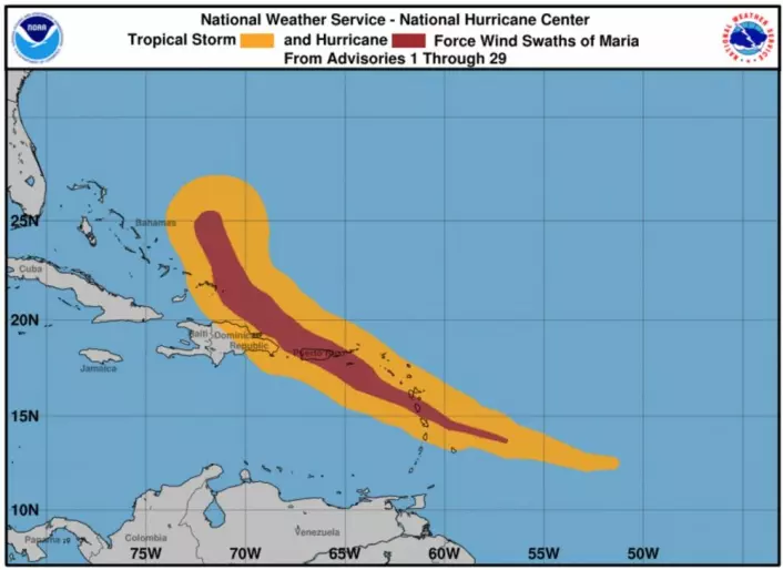 Marias ferd gjennom Karibien, med vindstyrken fargekodet: De oransje områdene fikk "bare" storm, mens de mørkerøde områdene fikk orkan. (Bilde: NOAA NHC)