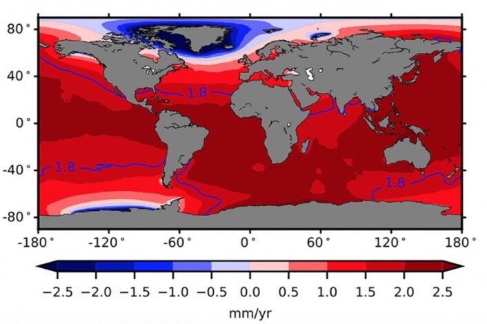 Isbreene smelter noen steder - og det gjør at havet stiger andre steder. Basert på GRACE-data 2002-2014. (Bilde: NASA UCI) Isbreene smelter noen steder - og det gjør at havet stiger andre steder. Basert på GRACE-data 2002-2014. (Bilde: NASA UCI)