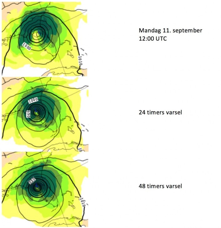 Irmas siste dag i Florida. Øverst fasiten, deretter ECMWF-prognose utstedt henholdsvis 24 timer og 48 timer i forkant. (Bilde: ECMWF og T.W.) Irmas siste dag i Florida. Øverst fasiten, deretter ECMWF-prognose utstedt henholdsvis 24 timer og 48 timer i forkant. (Bilde: ECMWF og T.W.)