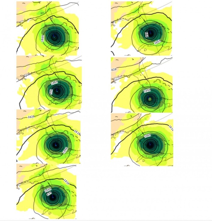 Til venstre: Prognose fra ECMWF 0, 24, 48 og 72 timer i forkant. Til høyre: Prognose utstedt 96, 120 og 144 timer i forkant. (Bilde: ECMWF og T.W.) Til venstre: Prognose fra ECMWF 0, 24, 48 og 72 timer i forkant. Til høyre: Prognose utstedt 96, 120 og 144 timer i forkant. (Bilde: ECMWF og T.W.)