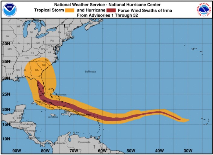 Vindhistorien for orkanen "Irma". (Bilde: NOAA NHC) Vindhistorien for orkanen "Irma". (Bilde: NOAA NHC)