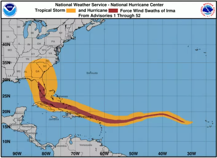 Vindhistorien for orkanen "Irma". (Bilde: NOAA NHC)