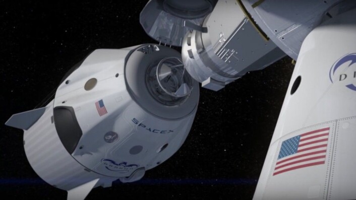 Falcon 2 skal nå i første omgang forberedes for å sende mannskaper til romstasjonen. Videre utvikling med tanke på ferder til Mars er utsatt. (Illustrasjon: fra video laget av SpaceX) Falcon 2 skal nå i første omgang forberedes for å sende mannskaper til romstasjonen. Videre utvikling med tanke på ferder til Mars er utsatt. (Illustrasjon: fra video laget av SpaceX)