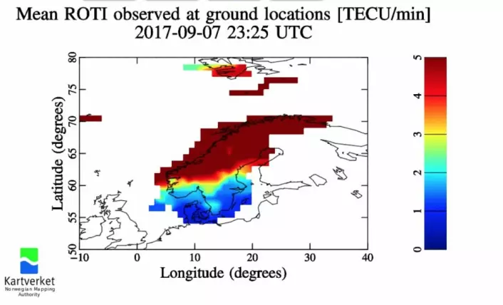 Storm i ionosfæren ga kraftig utslag på navigasjonssatellittsignalene torsdag kveld. (Bilde: Kartverket)