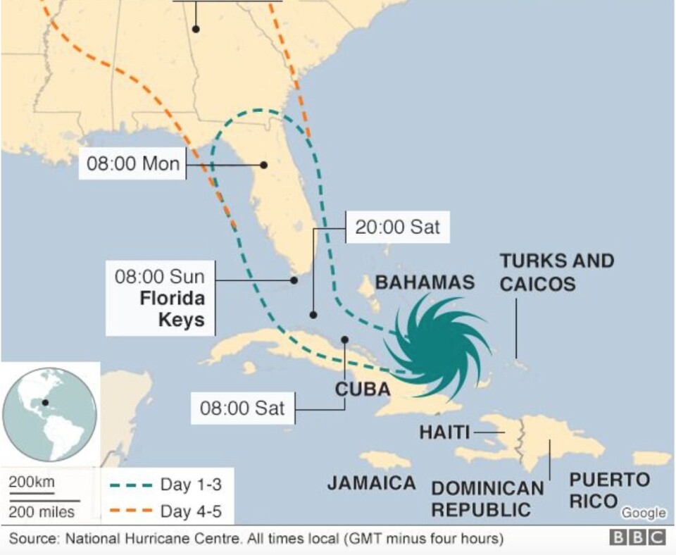Prognosen for Irma's spor, to dager før Florida rammes. (Skjermdump fra BBC)