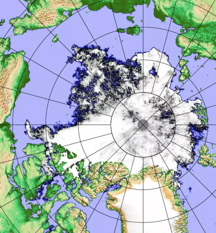 Sjøisen i Arktis, observert med det japanske passive mikrobølgeinstrumentet AMSR2 fredag 1. september. (Bilde: PolarView/Univ Bremen)