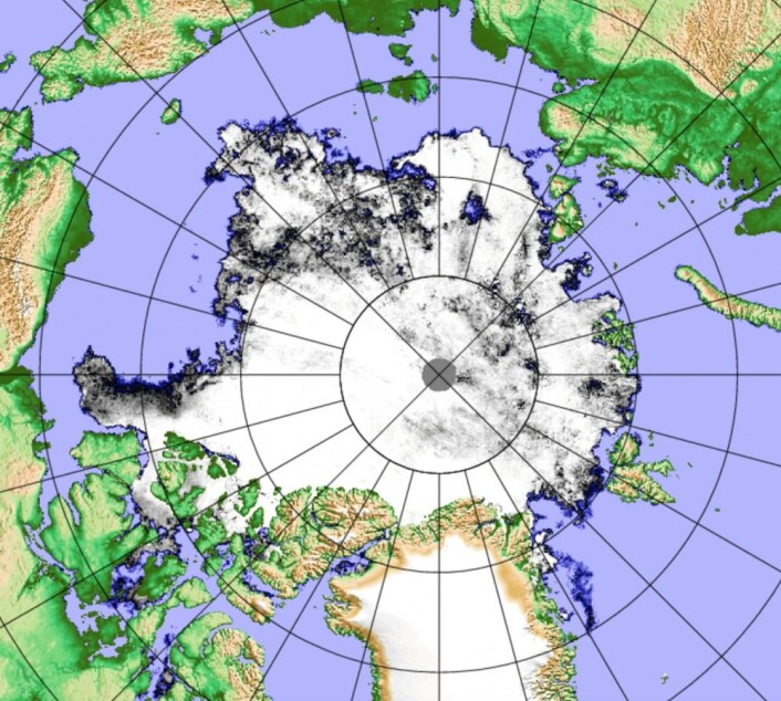 Sjøisen i Arktis 19. august. Årets minimum er nok ikke langt unna nå. (Bilde: PolarView/Univ Bremen) Sjøisen i Arktis 19. august. Årets minimum er nok ikke langt unna nå. (Bilde: PolarView/Univ Bremen)