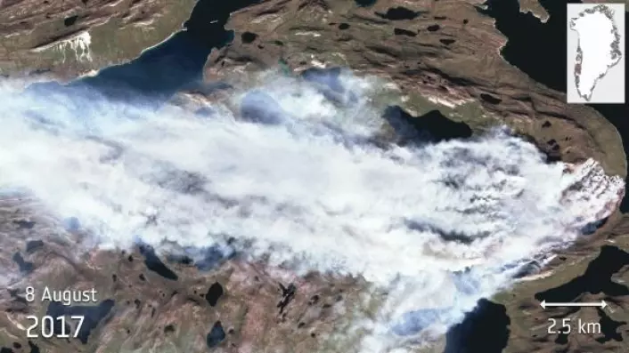 Brann i torvmyr på Grønland sett av miljøsatellitten Sentinel-2A i flere bølgelengder. For å se gif-animasjonen, klikk på bildet. ESA