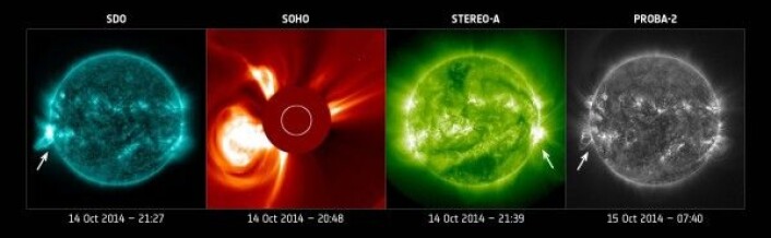 Utbruddet på sola den 14. oktober 2014, sett av ulike solsonder. ESA/NASA Utbruddet på sola den 14. oktober 2014, sett av ulike solsonder. ESA/NASA
