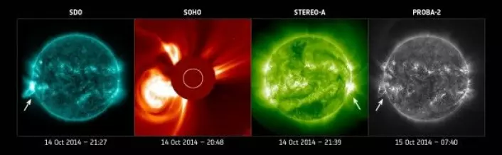 Utbruddet på sola den 14. oktober 2014, sett av ulike solsonder. ESA/NASA