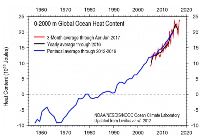 I følge ARGO-målingene gikk varmemengden i havet litt ned i 2016 (svart kurve). (Bilde: NOAA) I følge ARGO-målingene gikk varmemengden i havet litt ned i 2016 (svart kurve). (Bilde: NOAA)