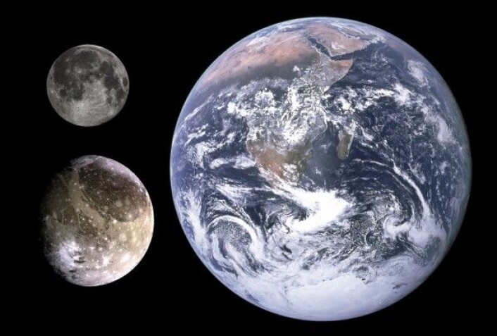 Jupiters største måne, Ganymedes (nederst til venstre), sammenliknet med månens og jordas størrelse. NASA/JPL/DLR Jupiters største måne, Ganymedes (nederst til venstre), sammenliknet med månens og jordas størrelse. NASA/JPL/DLR