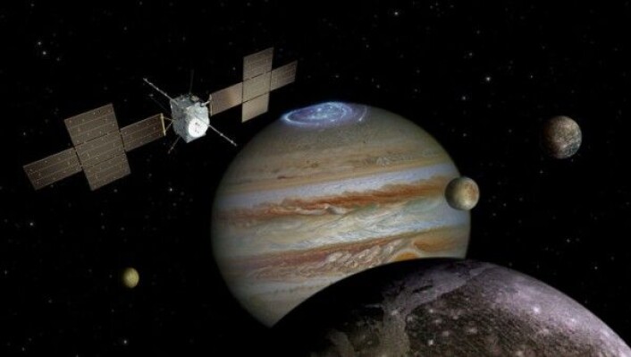ESAs romsonde Juice skal undersøke Jupiter (i bakgrunnen) og ismånene Ganymedes (i forgrunnen), Europa (midten) og Callisto (til høyre). Ikke i riktig skala. ESA/ATG medialab/NASA/J. Nichols/JPL/University of Arizona/DLR ESAs romsonde Juice skal undersøke Jupiter (i bakgrunnen) og ismånene Ganymedes (i forgrunnen), Europa (midten) og Callisto (til høyre). Ikke i riktig skala. ESA/ATG medialab/NASA/J. Nichols/JPL/University of Arizona/DLR