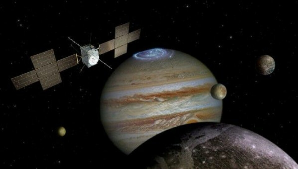 ESAs romsonde Juice skal undersøke Jupiter (i bakgrunnen) og ismånene Ganymedes (i forgrunnen), Europa (midten) og Callisto (til høyre). Ikke i riktig skala. ESA/ATG medialab/NASA/J. Nichols/JPL/University of Arizona/DLR