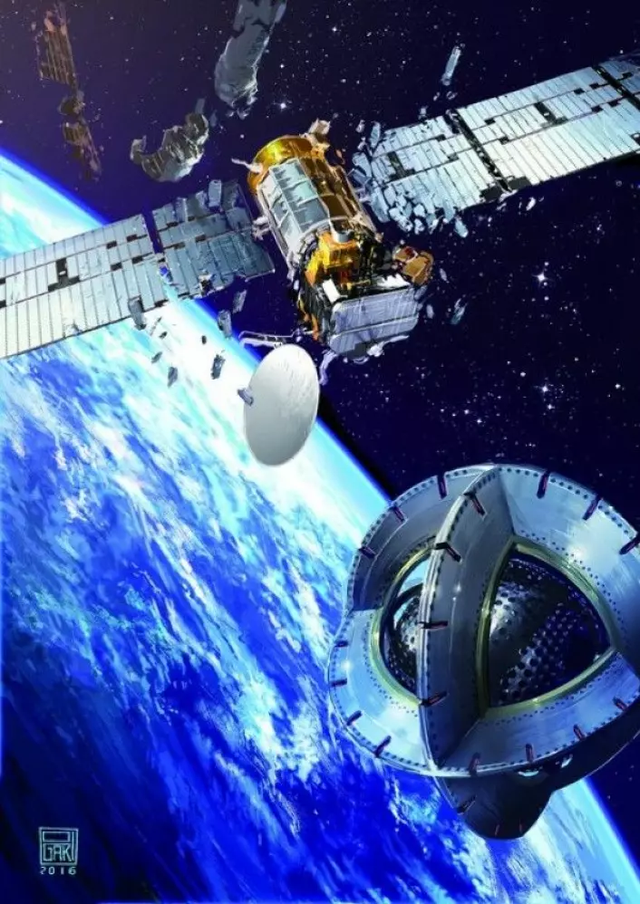 Magnetisk romsøppelryddingsfartøy (nederst) nærmer seg satellitt som har blitt til romsøppel. P. Ogaki
